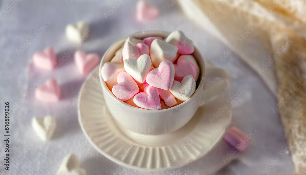 Extreme close-up of a white cup full of white and pink heart-shaped marshmallows on a table with a white tablecloth. Generative Ai. Extreme close-up of a white cup full of white and pink heart-shaped marshmallows on a table with a white tablecloth. Generative Ai.