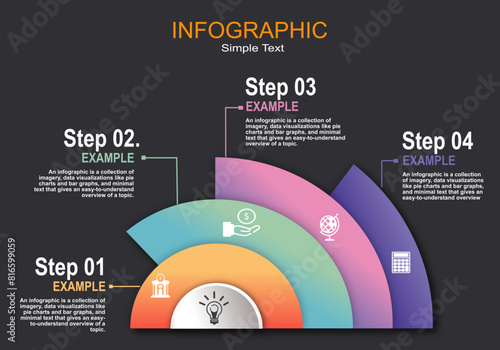 Semicircular infographic vector with 4 layers to show descriptions, space for text on a gray-black background for presentations, financial reports, management, education, planning, timelines.