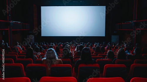 The movie is being shown on a large screen in a theater filled with people sitting in red seats, with the audience's silhouettes blurred as they watch the film.