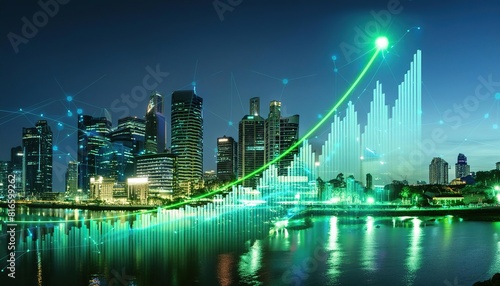 A digital illustration of a city at night with a line graph showing financial growth