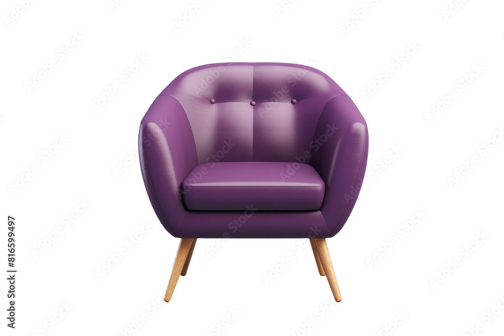 Fototapeta premium Modern purple armchair PNG, upholstered lounge chair with wooden legs, stylish seating furniture for interior design mockups isolated on Transparent Background