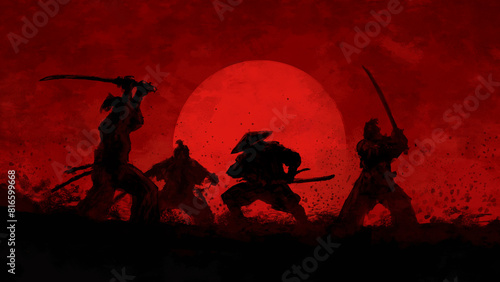 Canvas Print A samurai warrior stands and prepares to fight alone against a group of robbers with katanas against the background of a red sunset