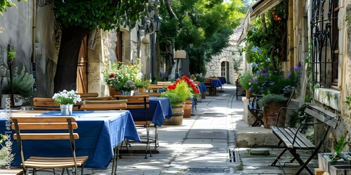 Charming Provencal cafe with wooden tables blue tablecloths and fresh flowers. Concept French Cafe, Provencal Style, Wooden Tables, Blue Tablecloths, Fresh Flowers