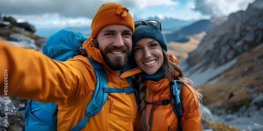 Happy hiker couple taking a selfie on a mountain top. Concept Outdoor Photoshoot, Adventure, Hiking, Couple Goals, Nature Photography Happy hiker couple taking a selfie on a mountain top. Concept Outdoor Photoshoot, Adventure, Hiking, Couple Goals, Nature Photography