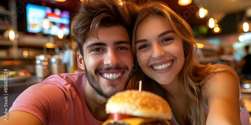 Capturing a moment  Young couple taking a selfie at a burger pub restaurant during lunch break. Concept Couple  Selfie  Burger Pub  Restaurant  Lunch Break