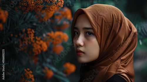 A depiction of an Oriental Indonesian female donning a chestnut headscarf and dark attire. photo