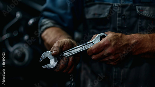 Hand of male car mechanic with wrench on black background