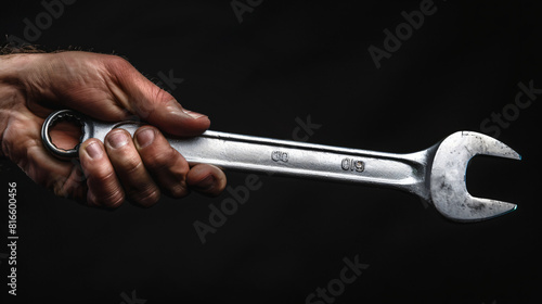 Hand of male car mechanic with wrench on black background © Cybonix