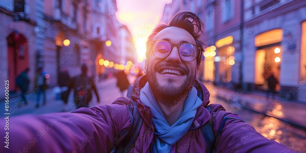 Man happily takes a sunset selfie on city street during holiday trip. Concept Travel Photography, Sunset Selfie, City Street, Holiday Trip, Happily Captured Man happily takes a sunset selfie on city street during holiday trip. Concept Travel Photography, Sunset Selfie, City Street, Holiday Trip, Happily Captured