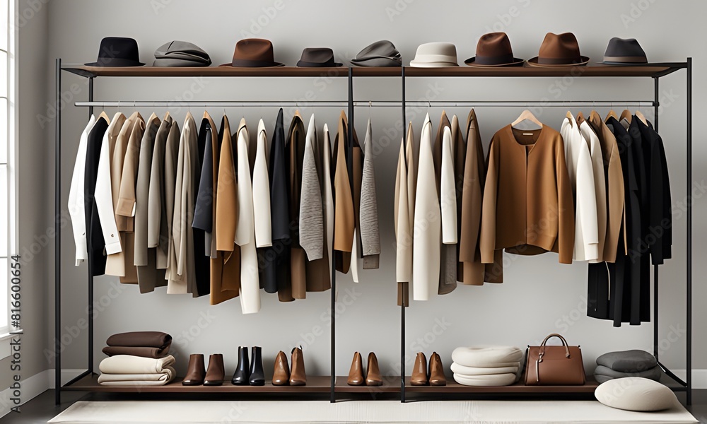 Summer-Autumn Fashion Closet for Summer-Autumn Weather, Minimal Trend with Natural Colors for Season, ai generative, 생성형 Summer-Autumn Fashion Closet for Summer-Autumn Weather, Minimal Trend with Natural Colors for Season, ai generative, 생성형