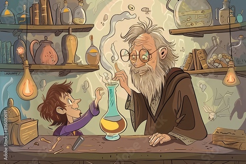 Cartoon cute doodles of a wise old alchemist teaching a young apprentice the secrets of turning base metals into gold, Generative AI photo