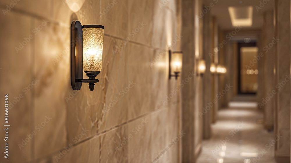Viewing Italian wall sconces along a spa corridor, focusing on their effect in creating a calm atmosphere. Viewing Italian wall sconces along a spa corridor, focusing on their effect in creating a calm atmosphere.