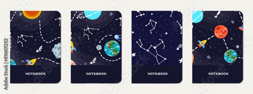 School notebook cover design with cartoon galaxy.