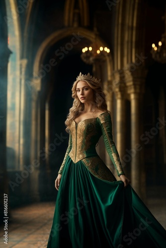 Elegant queen in a medieval cathedral
