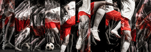 Collage of dynamic photos of soccer players in action, images featuring detailed athletic poses and intense gameplay. Concept of professional sport, competition, tournament, movement, action. Ad