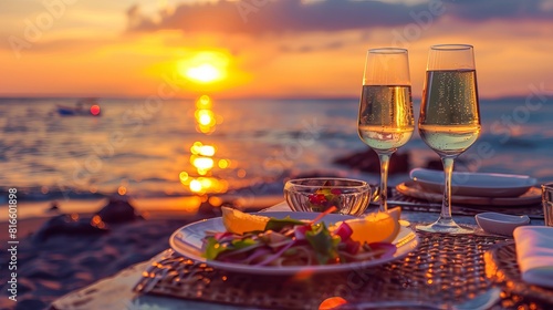 romantic beachside meal under the sunset. A lavish meal and bubbly are served at a table for two on a honeymoon in a restaurant overlooking the sea. Summer romance, romantic getaway idea.