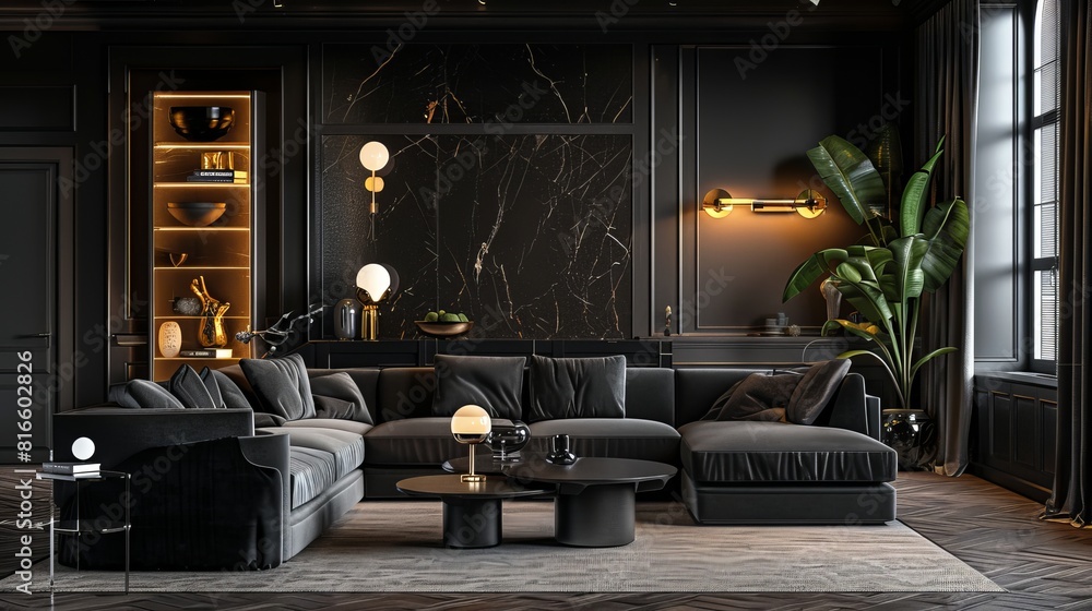 Stylish interior with modern furniture in dark classic setting, featuring upholstered pieces that add a cozy touch. Stylish interior with modern furniture in dark classic setting, featuring upholstered pieces that add a cozy touch.