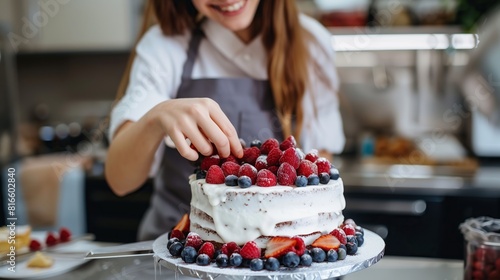 a female pastry chef collects a cake