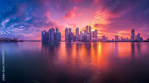 Sunrise over the skyline of Singapore city.