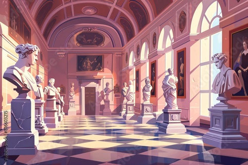 A display of creative illustrations and sculptures in an ancient palace or gallery. photo