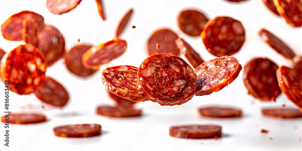 Pepperoni pieces soaring on a blank canvas while sausage slices drift on a plain surface. Pepperoni pieces soaring on a blank canvas while sausage slices drift on a plain surface.