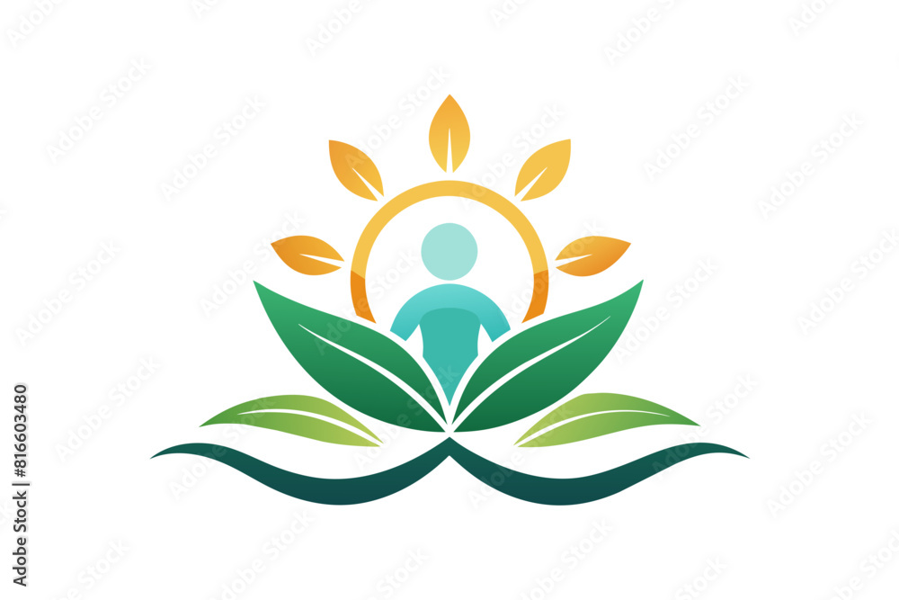 a serene logo for a Wellness Center. Incorporate elements like leaves, a sunrise, or a lotus flower to evoke calmness and balance. Keep it clean and inviting. vector art illustration a serene logo for a Wellness Center. Incorporate elements like leaves, a sunrise, or a lotus flower to evoke calmness and balance. Keep it clean and inviting. vector art illustration