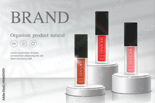 This image depicts a branded cosmetic product setup with three items presented on pedestals against a modern backdrop
