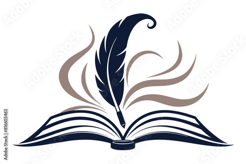 a logo for Creative Writing depicting a quill pen poised above an open book, with swirling lines suggesting imagination. Vector art illustration