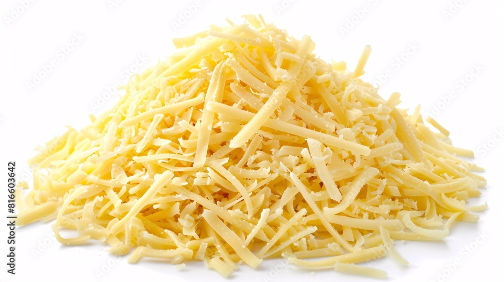 Heap of delicious shredded cheese on a white background viewed from above. Heap of delicious shredded cheese on a white background viewed from above.