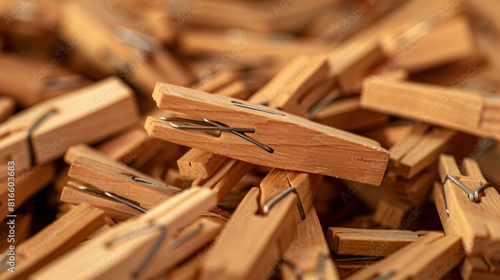 Heap of wooden clothespins as background closeup