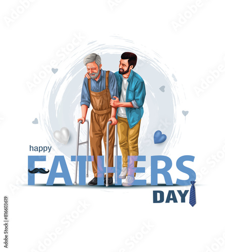 son on his father helping to walking background, happy international father's day concept, can be use for card, poster, website, brochure. vector illustration design