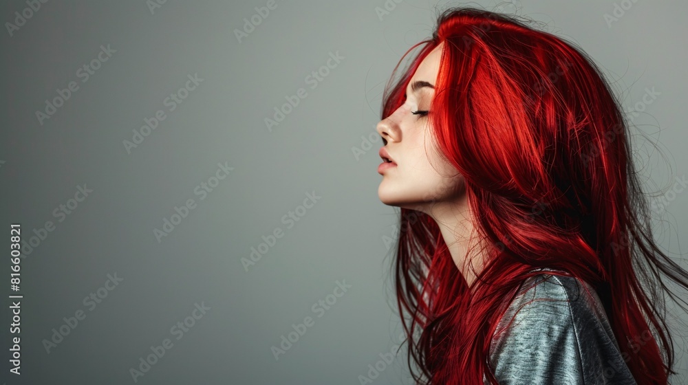 A lovely woman with vibrant red hair and a casual outfit poses in a gray studio, showcasing her gorgeous and vibrant locks.