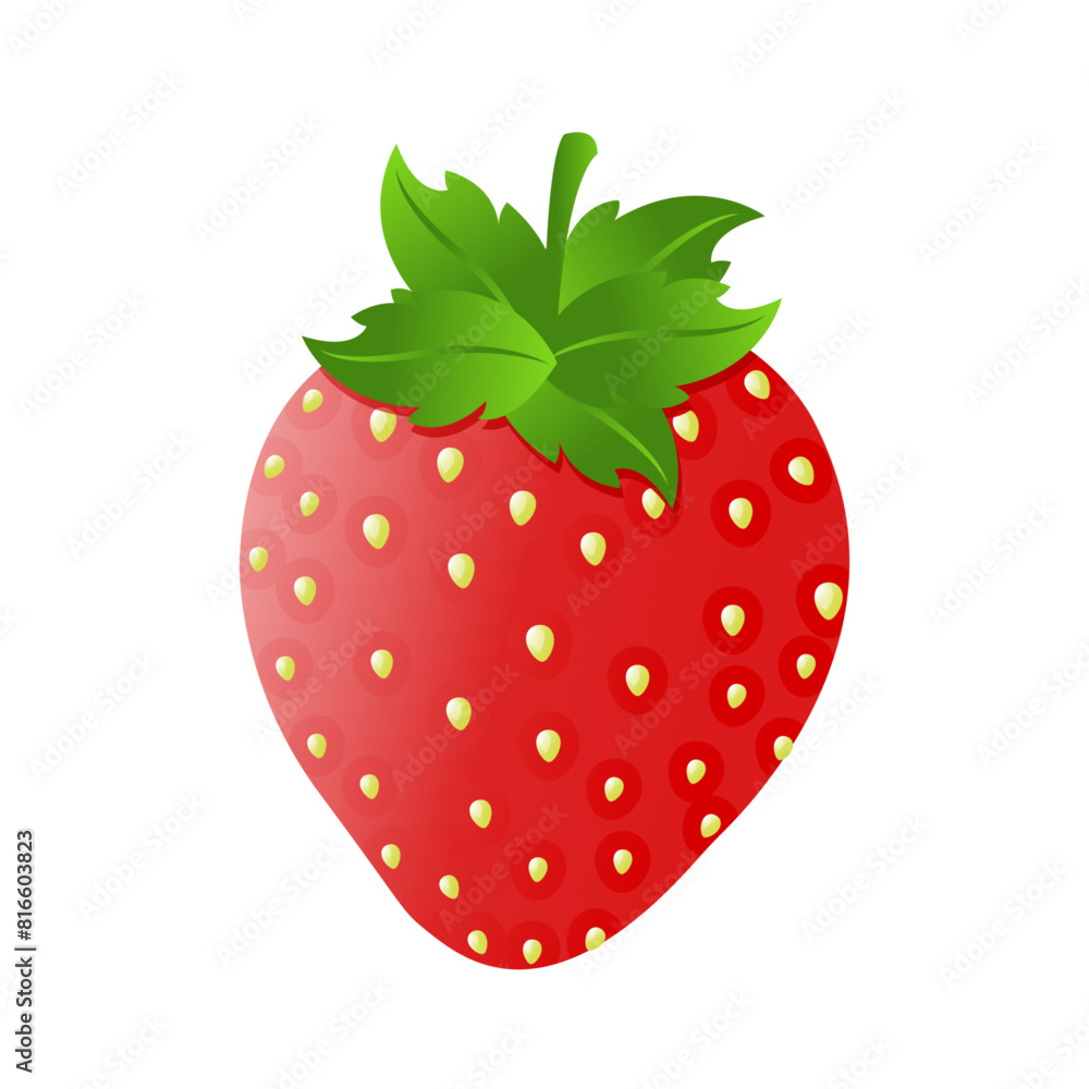 Obraz premium Cute fresh fruit strawberry with green leaf pedicle, cartoon vector isolated illustration