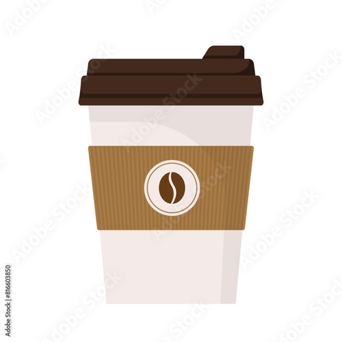 White coffee paper cup with plastic lid, cartoon vector isolated illustration