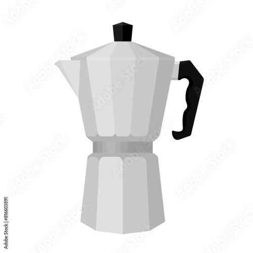Aluminum metal material Moka pot with black plastic holder, cartoon vector isolated illustration