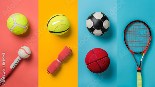 Four of sport equipment on color background