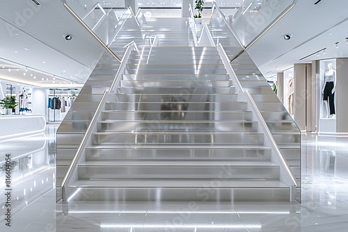 "High-end fashion store features a minimalist staircase with sleek lines and mirror finishes."