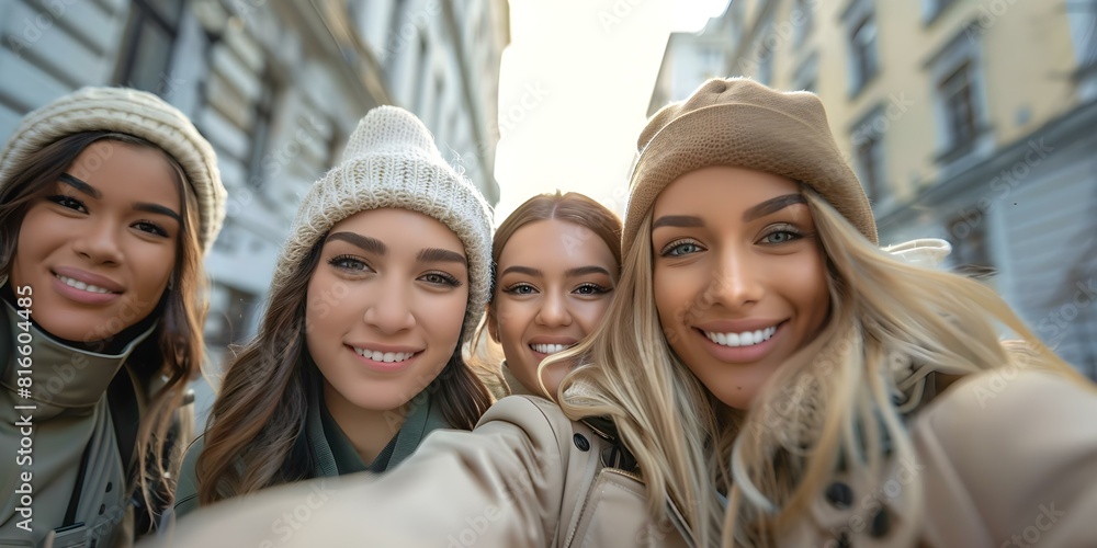 Group of female friends taking a casual selfie in a city. Concept Friends, Female, Casual, Selfie, City Group of female friends taking a casual selfie in a city. Concept Friends, Female, Casual, Selfie, City