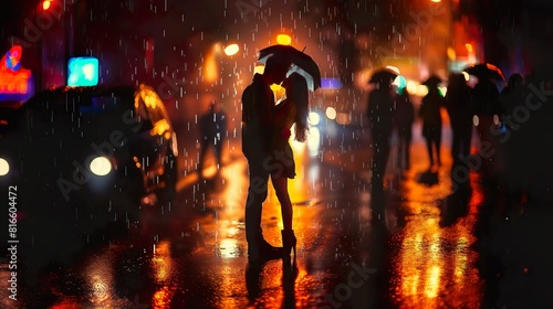 Couple Kissing Under Umbrella in Rainy Night City - ai generative