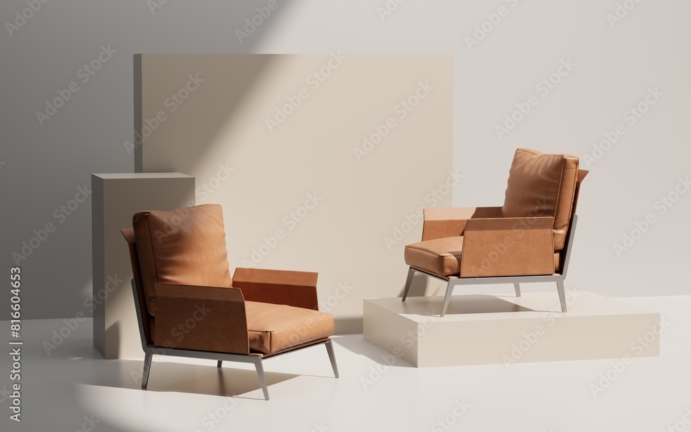 3d render leather armchairs in minimal interior . Seating arrangement with Pedestal and wall and sun lighting