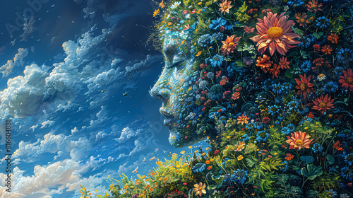 3d rendering of a woman with flowers in her hair and blue sky