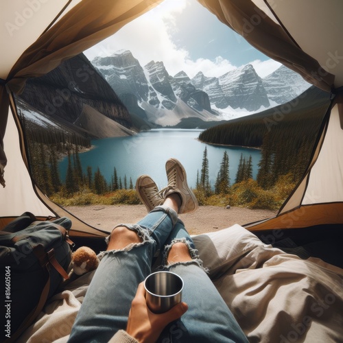 View from inside a tent onto a serene lake surrounded by majestic mountains, symbolizing escape.. AI Generation