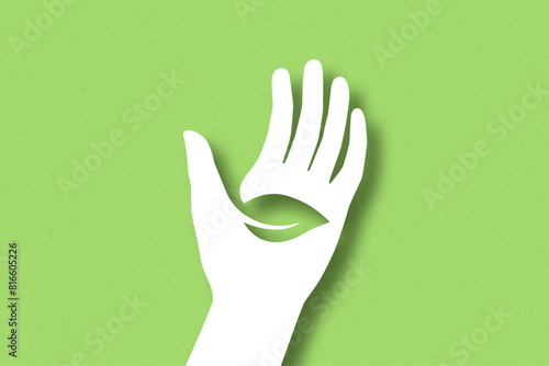 Hands holding leaf. Sustainable, Ecology and Environment concept. Paper cut style. Paper carving. Vector Illustration.