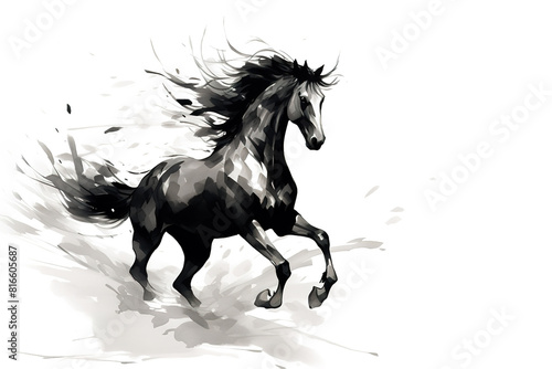 Watercolor painting of horse is running on a white background. Wildlife Animals.