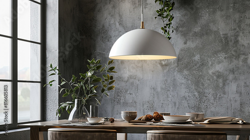 Side shot of an Italian pendant light above a table, emphasizing its modern design in a rustic context.