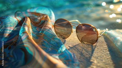 A pair of azure sunglasses rest on a towel by the waters edge on the beach, offering vision care and style for a sunny day of travel AIG50 photo