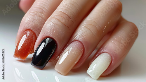Detailed closeup of a natural gel polish manicure on woman square shaped nails