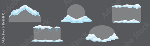 Grey Frame Shape with Snow and Frozen Icicles Vector Set