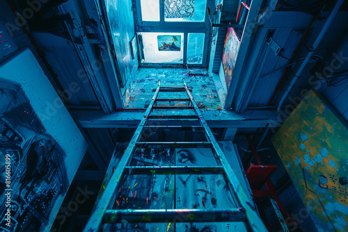Artist's loft ladder in electric blue, framed by creative sketches and paintings.