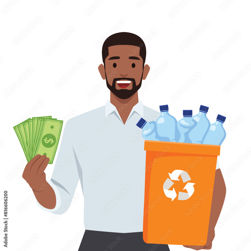 Man holding recycling garbage can and holding money. Flat vector illustration isolated on white background Man holding recycling garbage can and holding money. Flat vector illustration isolated on white background